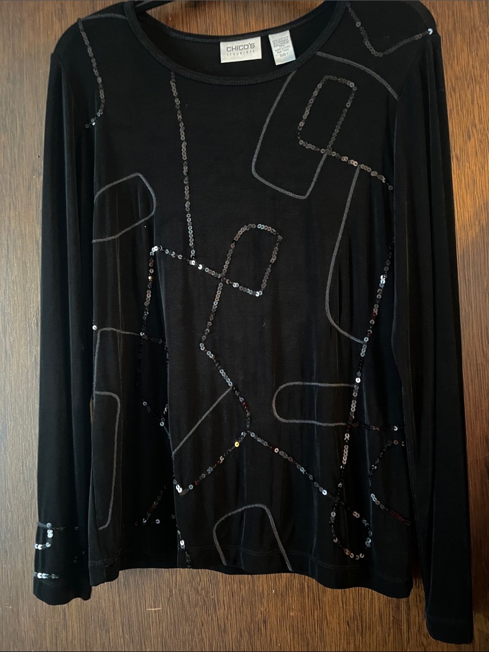 Chico's Black Crewneck Top with Sequin Geometric Accents